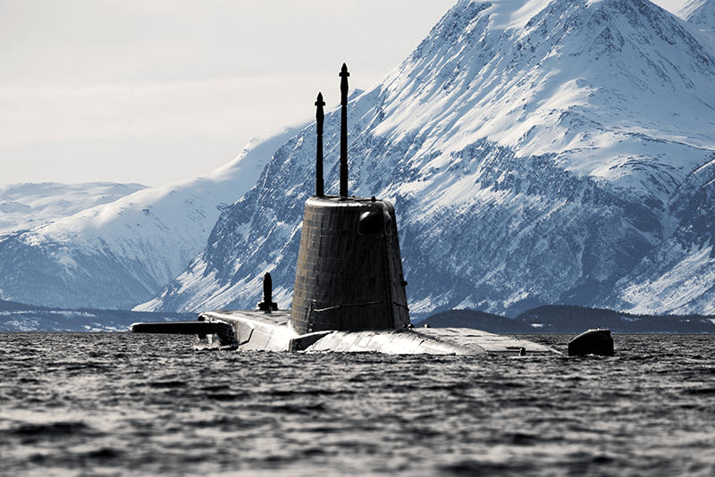 UK submarine with snowy mountain backdrop