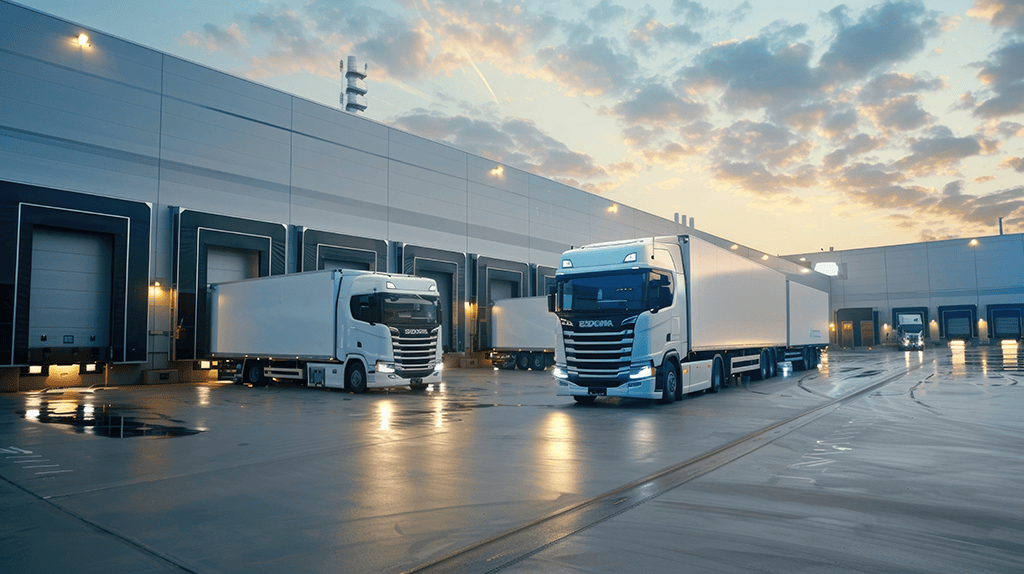 White trucks parked at a warehouse during twilight, wet pavement reflecting lights.